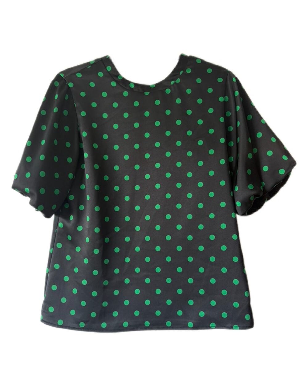 FLORA BEA Shelly Top Black Narrow Avenue Pola Dot Satin Blouse NWT SMALL